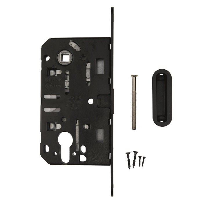 AGB Serrure magnétique noire AGB - plaque frontale 195x18 mm - axe du cylindre 85 mm