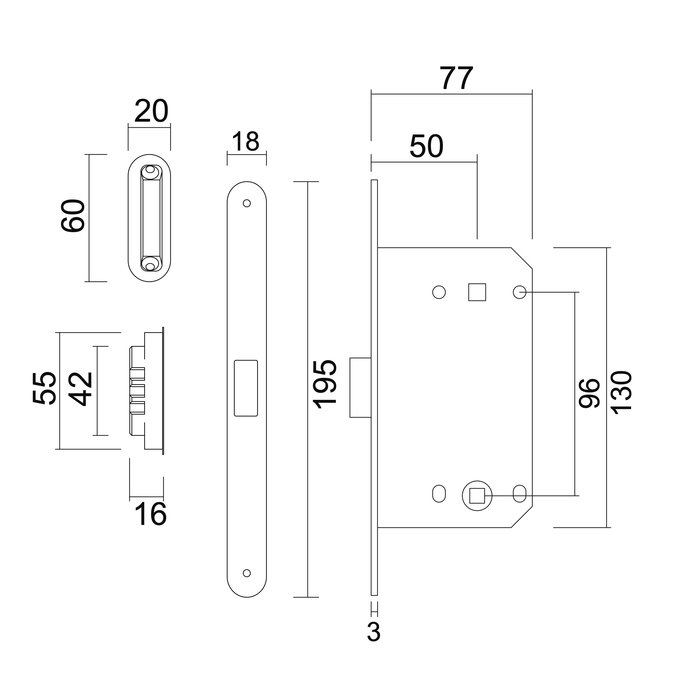 AGB Zwart magneetslot AGB - voorplaat 195x18 mm - asmaat WC 96 mm
