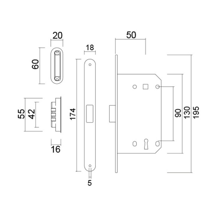 AGB White magnetic lock AGB - front plate 195x18mm - key shaft size 90mm