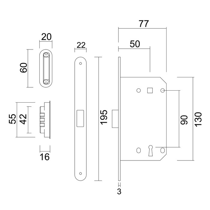 AGB White magnetic lock AGB - front plate 195x22mm - key shaft size 90mm