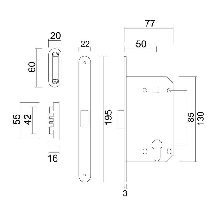AGB White magnetic lock AGB - front plate 195x22mm - cylinder shaft size 85mm
