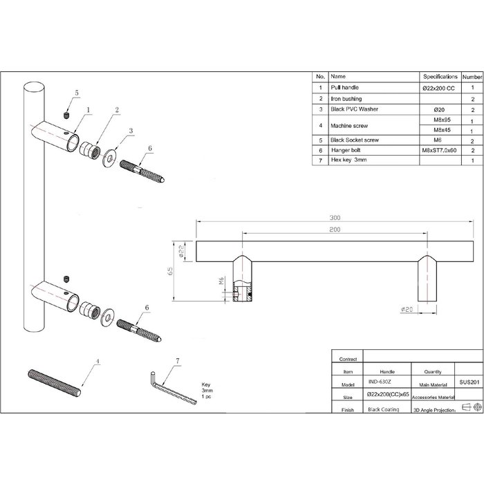 In-Door Poignée de porte noire ronde Inox 22/200/300/structure noire