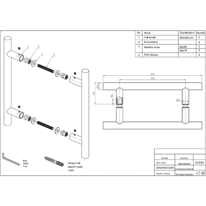 In-Door Paar zwarte deurgrepen rond 22/200/300 RVS/zwart structuur