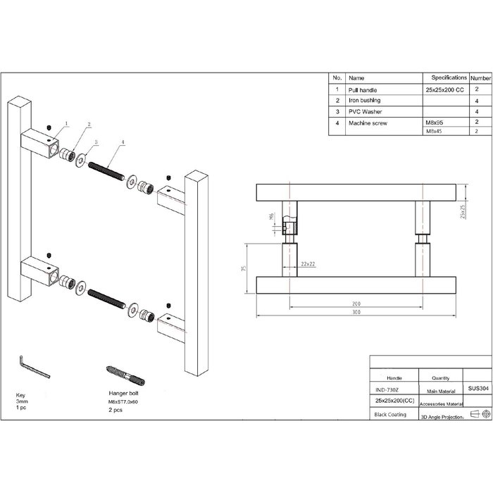 In-Door Paar schwarze Türgriffe quadratisch 25/200/300 Edelstahl/schwarze Struktur