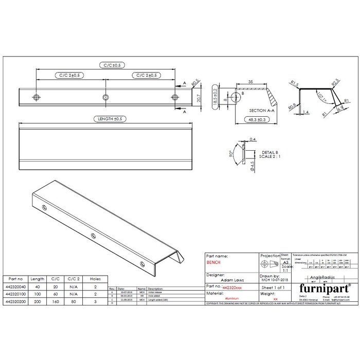 Furnipart Furnipart corner handle BENCH matt black L=200 mm