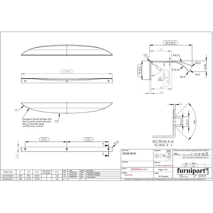 Furnipart Möbelstück-Eckgriff EDGE Bow in Edelstahloptik L= 350 mm