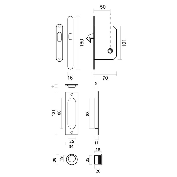 HDD Schuifdeurkom Fra ovaal carre+ slot zwart per set