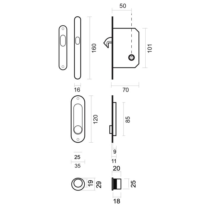HDD Porte coulissante vasque Fra ovale + serrure noir par set