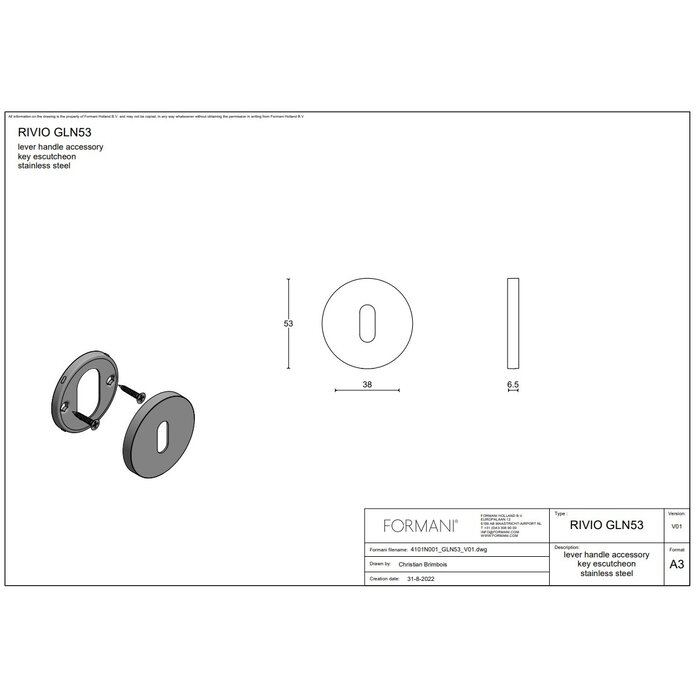 Formani 1 Key plate RIVIO matt stainless steel GLN53 (Per piece)