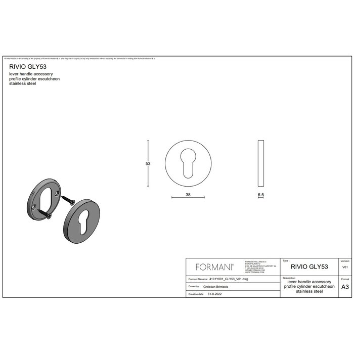 Formani 1 Plaque cylindre RIVIO inox mat GLY53 (La pièce)