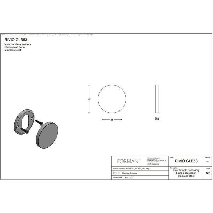 Formani 1 Plaque aveugle RIVIO inox mat GLB53 (La pièce)