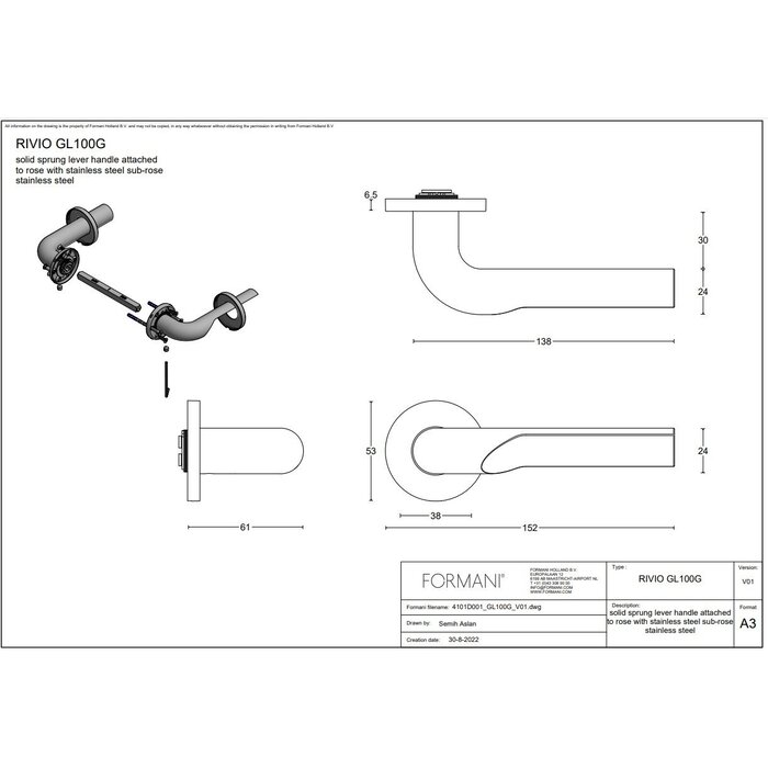 Formani Golden PVD door handles "RIVIO" GL100-G sprung from Formani