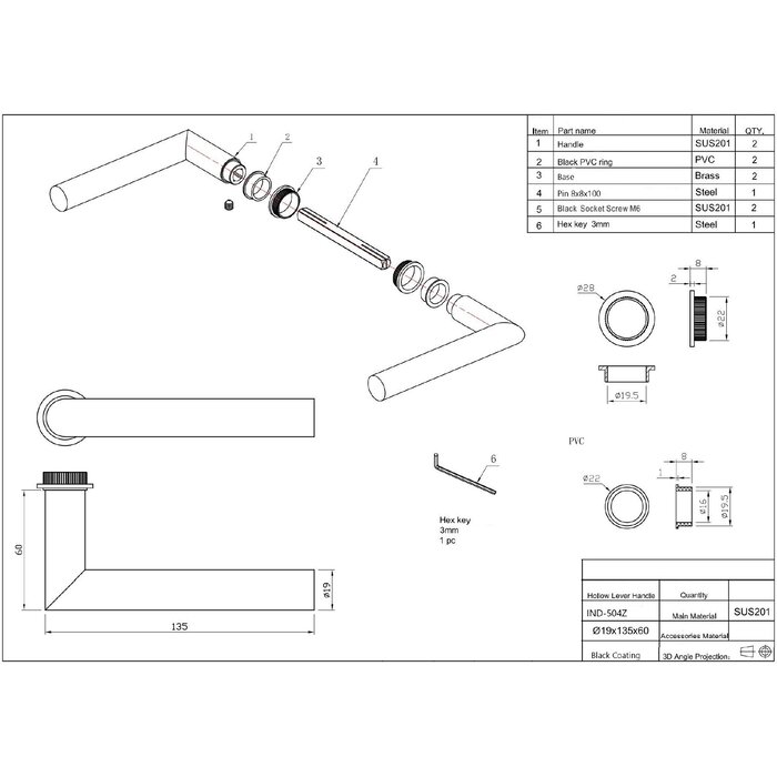 In-Door Minimalistische zwarte ronde deurkruk + zwart smalslot