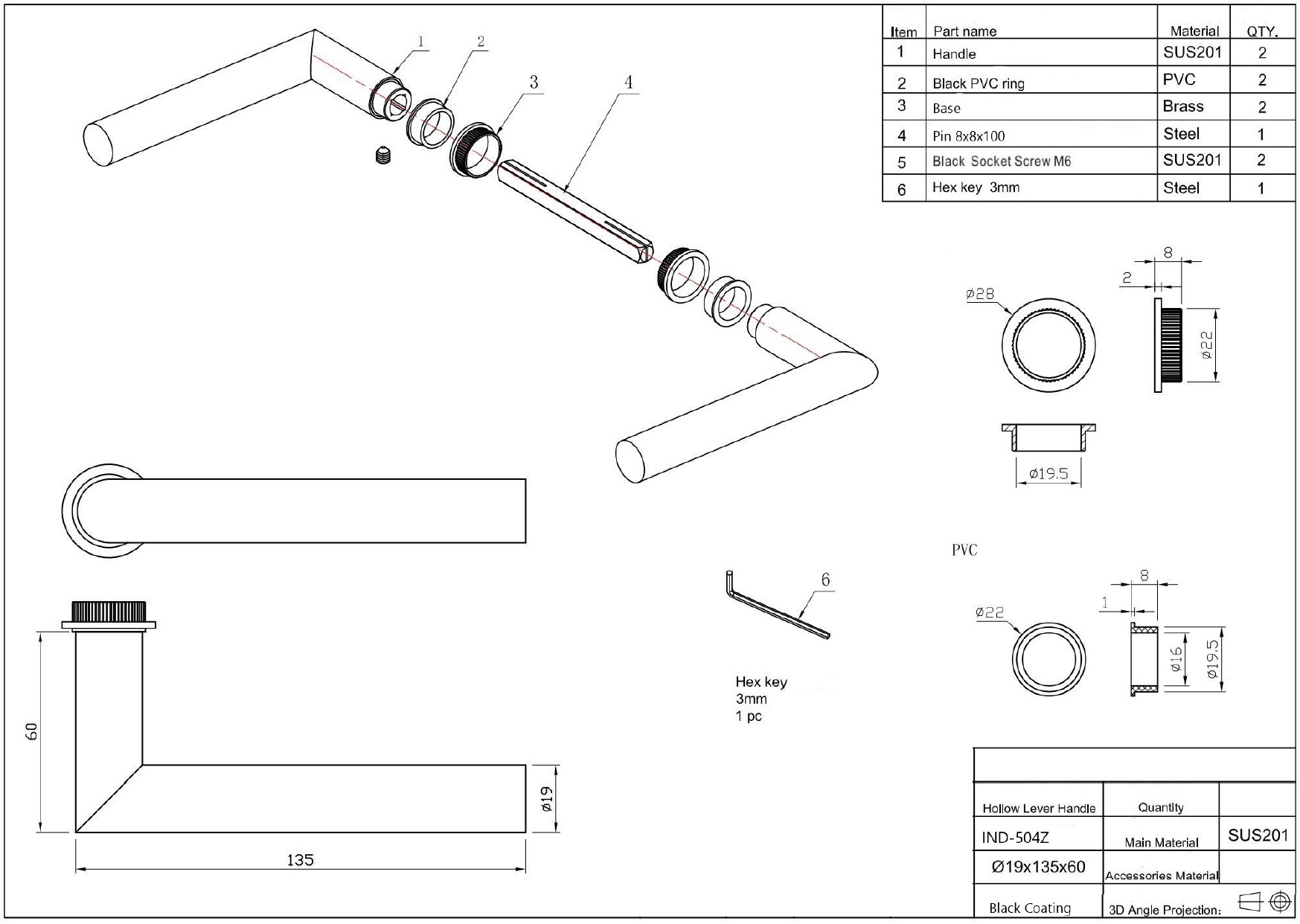 In-Door Poignée de porte ronde noire minimaliste + serrure étroite noire