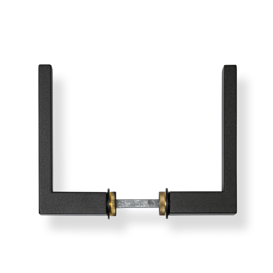 Black minimalist square door handles with a black narrow lock
