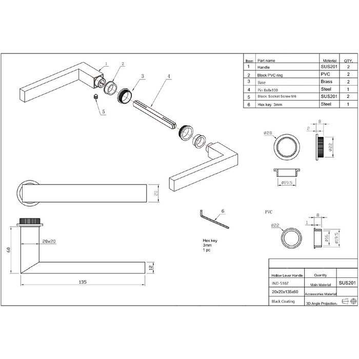 In-Door Minimalist black square door handle + black narrow lock mandrel 35mm