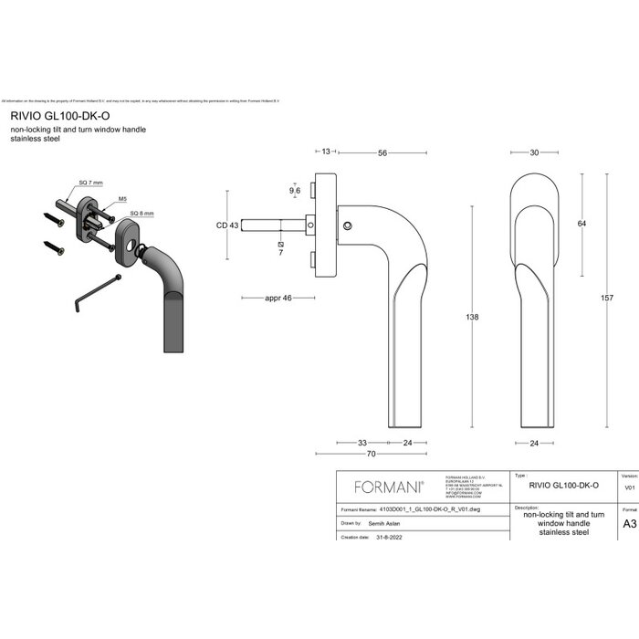 Formani Poignée de fenêtre RIVIO GL100-DK-O inox mat - non verrouillable