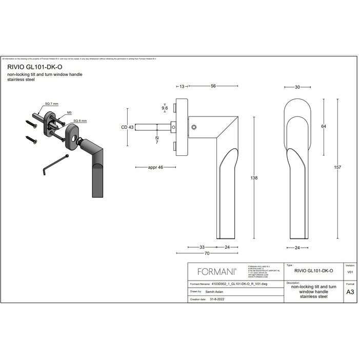 Formani Poignée de fenêtre RIVIO GL101-DK-O inox mat - non verrouillable