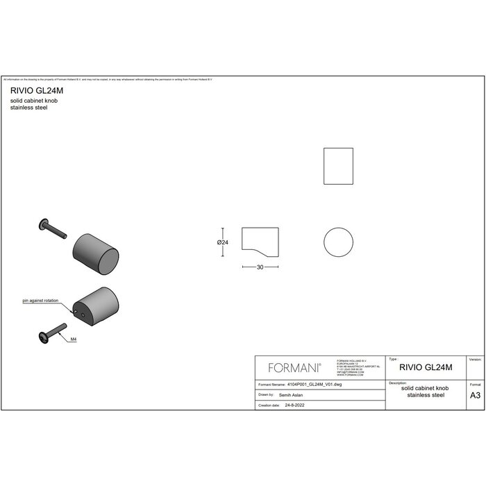 Formani Bouton de meuble rond massif RIVIO GL24M inox mat