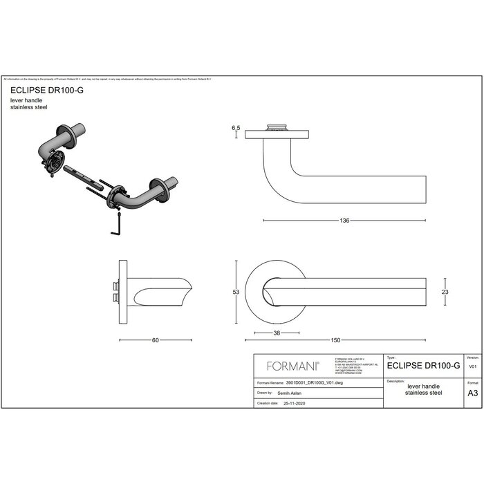 Formani Formani door handles "ECLIPSE" DR100-G sprung mat stainless steel without key plates