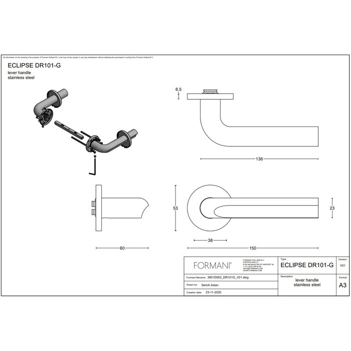 Formani Formani door handles "ECLIPSE" DR101-G sprung mat stainless steel without key plates