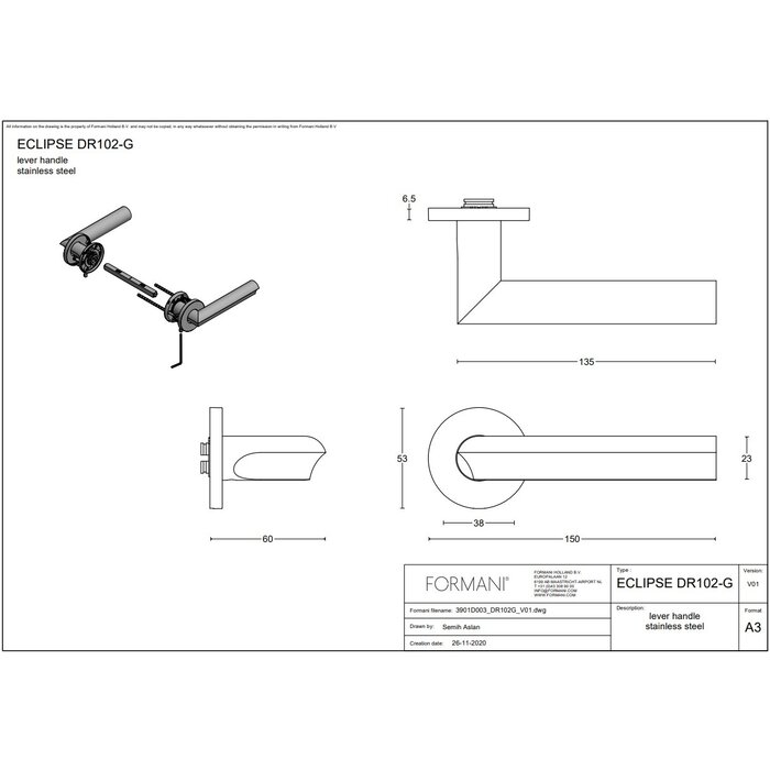 Formani Bronze door handles "ECLIPSE" DR102-G sprung without key plates