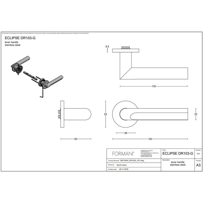 Formani Matt black PVD door handles "ECLIPSE" DR103-G sprung without key plates