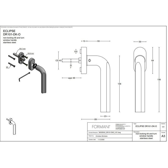 Formani Matt black window handle ECLIPSE DR101-DK-O - not lockable