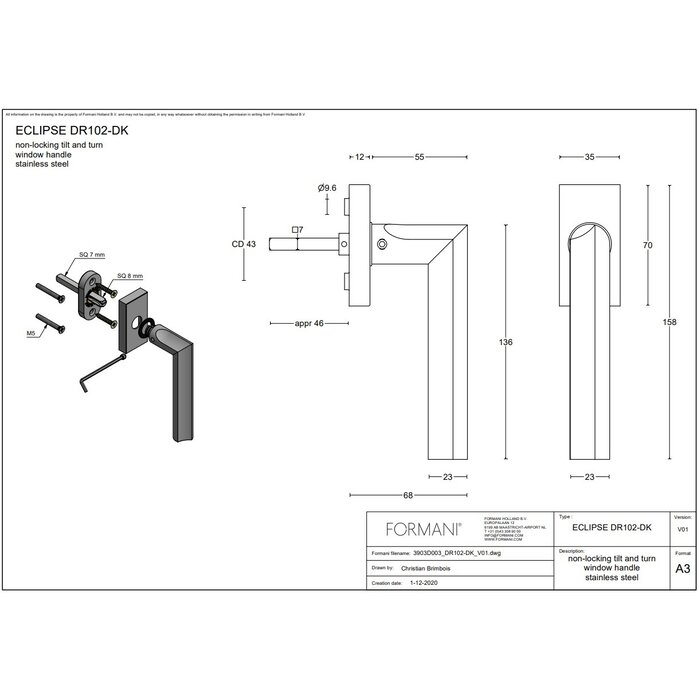 Formani Poignée de fenêtre ECLIPSE DR102-DK en acier inoxydable mat - non verrouillable
