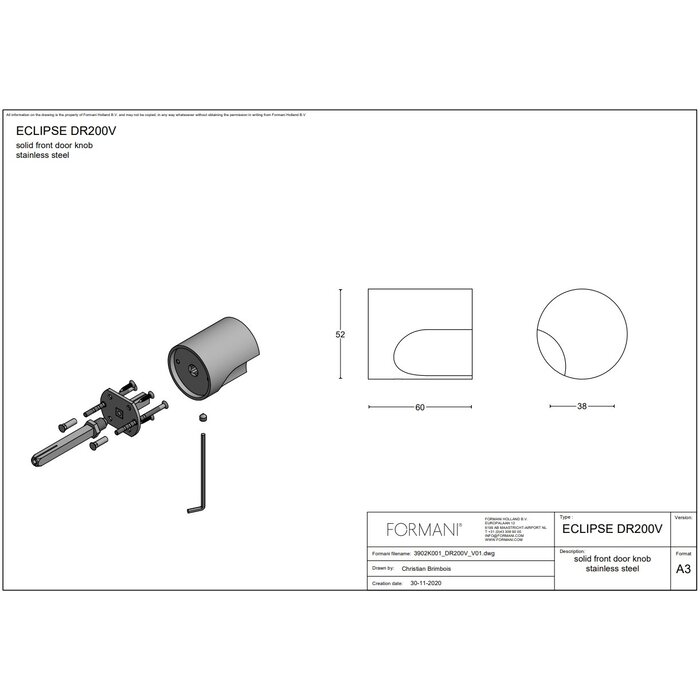 Formani Massiver fester Haustürknopf ECLIPSE DR200V aus mattem Edelstahl auf Rosette