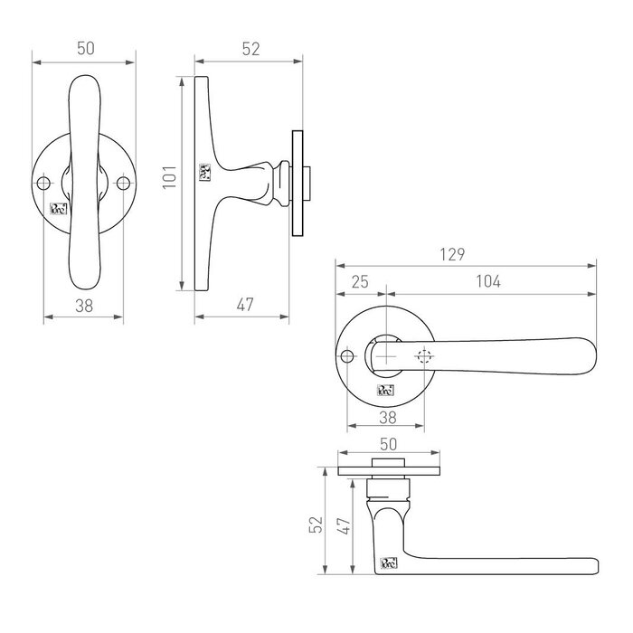 Dauby Deurklinken PHTL”T+L” /50F ruw metaal (RM)