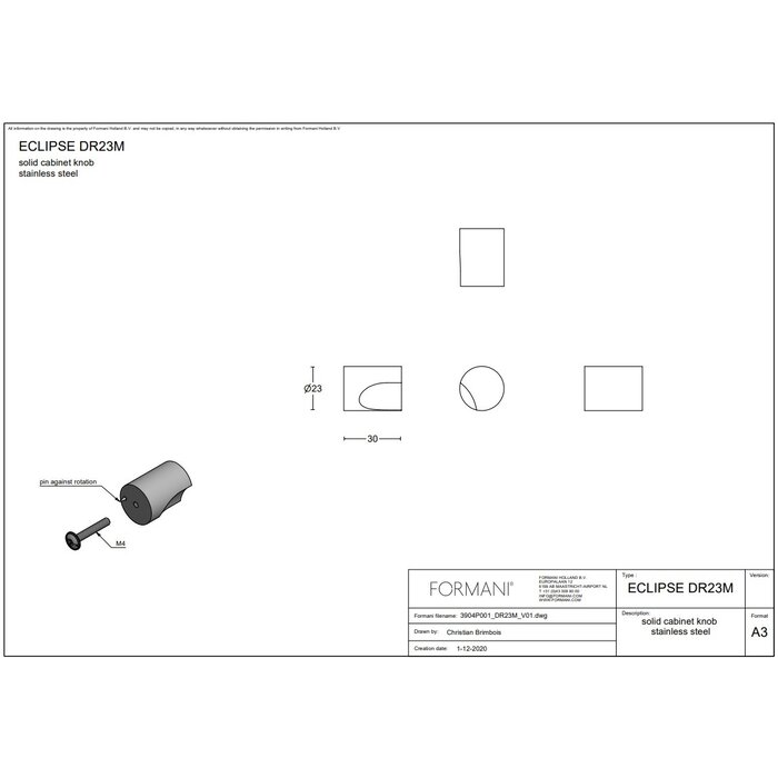 Formani Solid round furniture knob ECLIPSE DR23M matt stainless steel