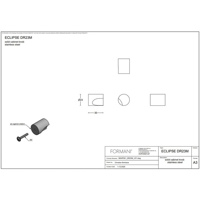 Formani Bouton de meuble rond massif ECLIPSE DR23M or mat