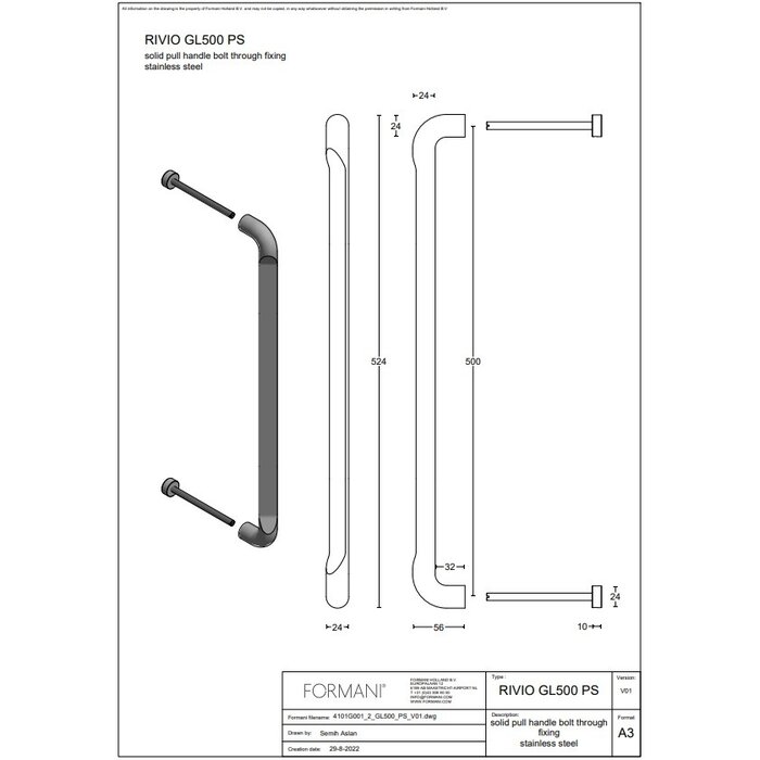 Formani Poignée de porte RIVIO GL500 PS en PVD or mat avec montage traversant