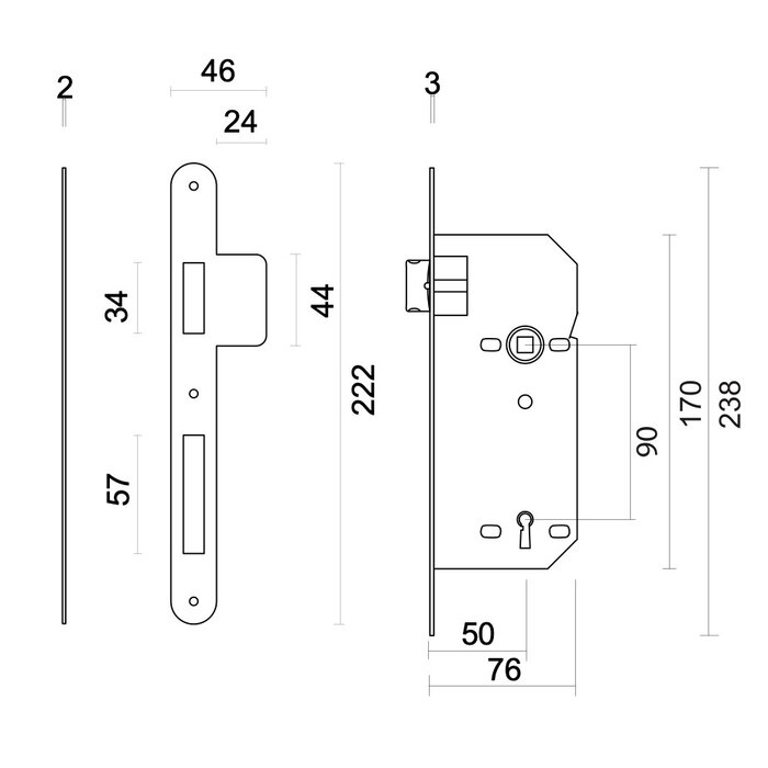 AGB Serrure AGB nickel 90mm + gâche plus large, 22x238mm, mandrin 50mm