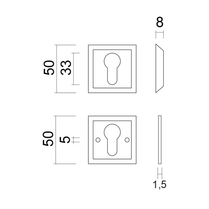 HDD Plaques de cylindre de sécurité 8 mm - inox - carrées PZ
