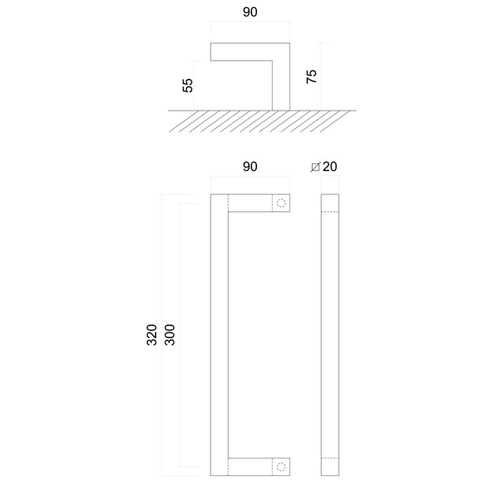 HDD Poignée de porte en acier inoxydable CARRÉ D 20/300mm - Montage continu