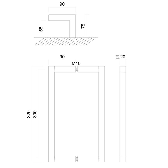 HDD Poignée de porte CARRÉ D 20/300mm - Acier inoxydable - paire pour verre