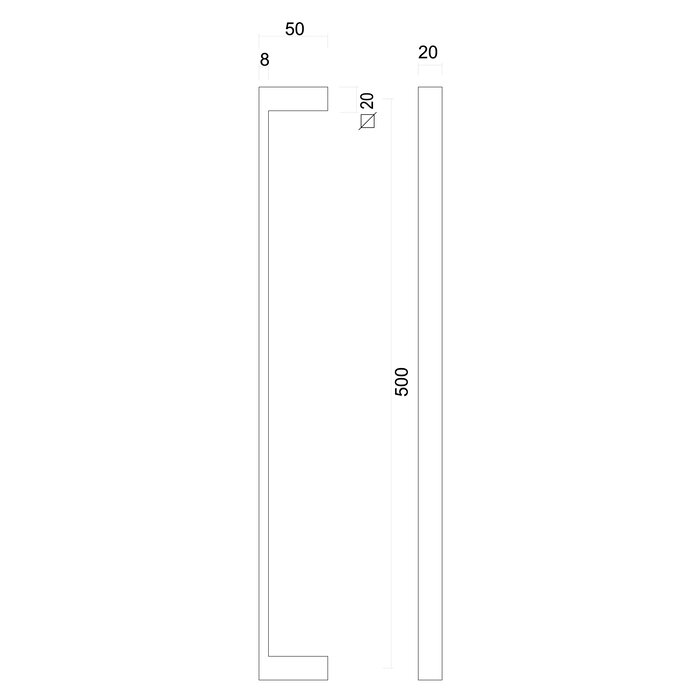 HDD Deurgreep COSMIC 20/500mm  RVS  met blinde bevestiging