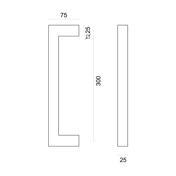 HDD Deurgreep CUBICA 25/300mm  RVS  met blinde bevestiging