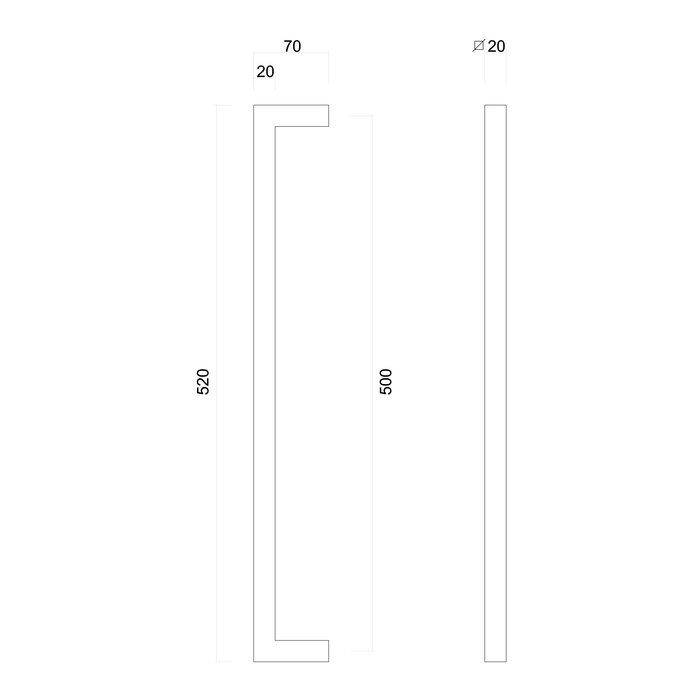 HDD Stainless steel door handle "Cubica" U 20/500 - continuous mounting