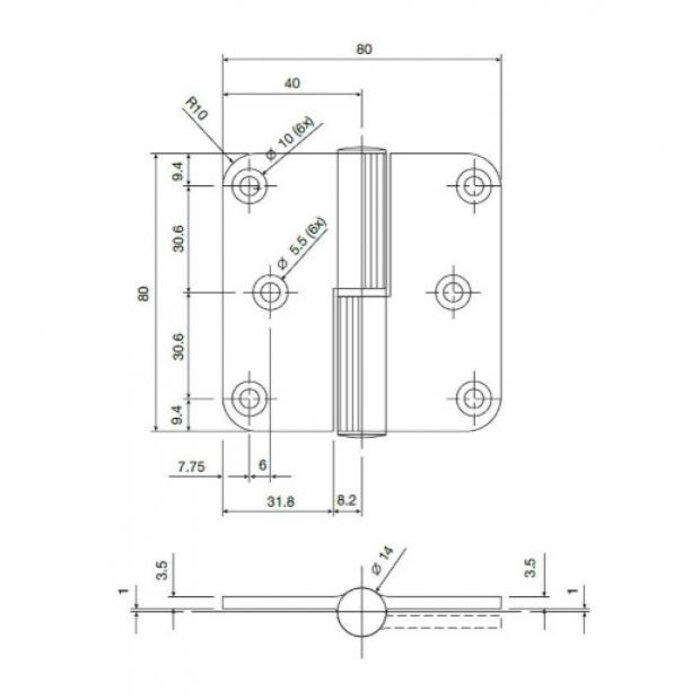 Argenta Aluminium F1-Scharnier Argenta 80x80x3,5mm
