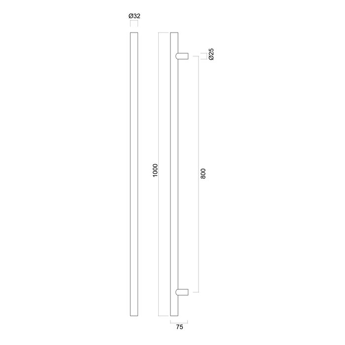 HDD Deurgreep T 32/800/1000 - RVS - blinde bevestiging