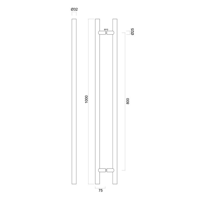 HDD Poignée de porte T 32/800/1000 - acier inoxydable - paire pour portes en verre