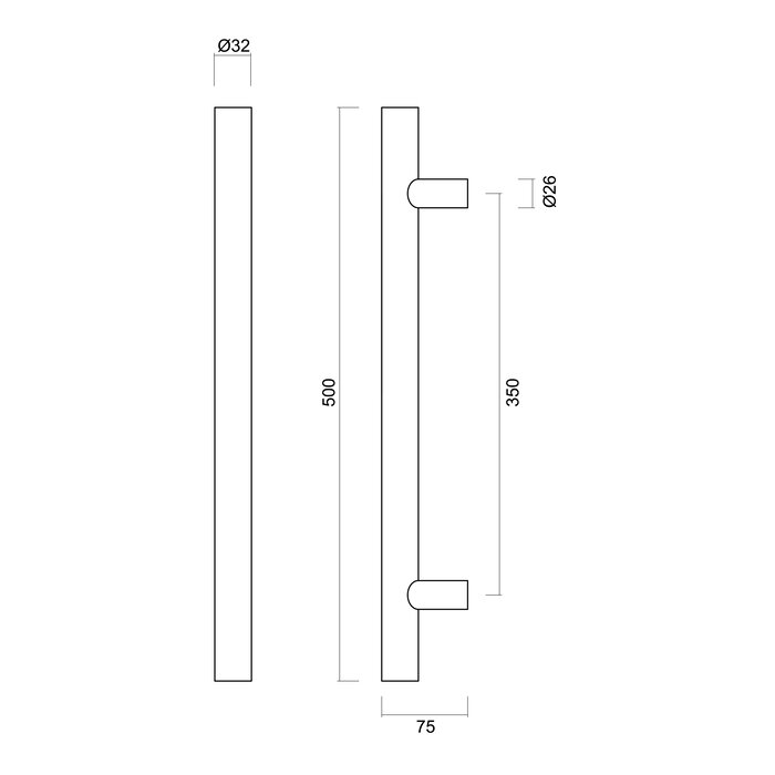 HDD Deurgreep T 32/350/500 - RVS - blinde bevestiging