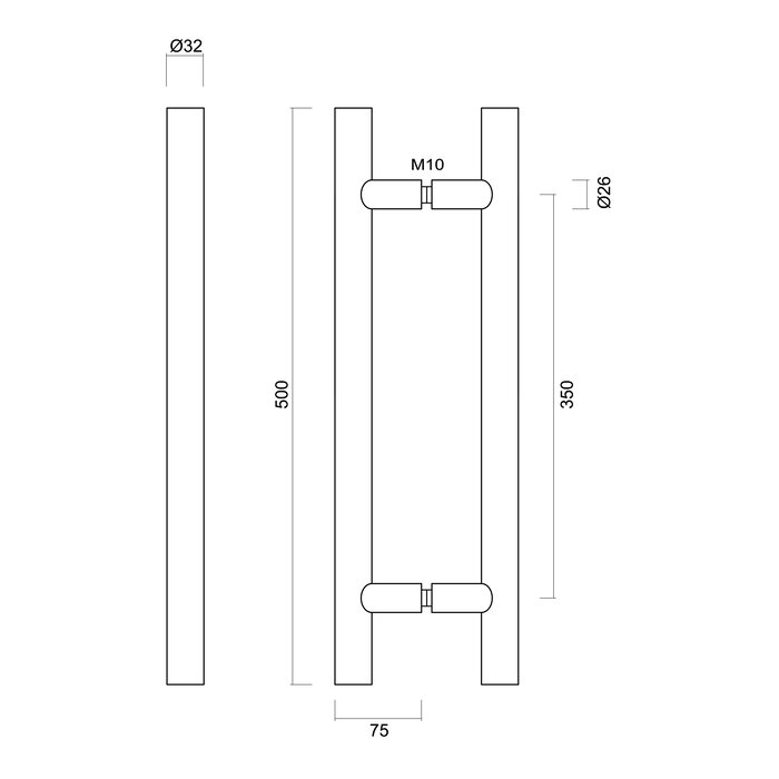 HDD Deurgreep T 32/350/500- RVS - paar voor glazen deuren