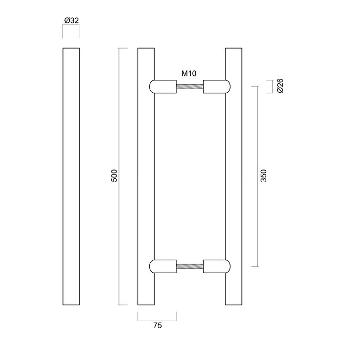 HDD Door handle T 32/350/500 - stainless steel - pair for doors >30 mm