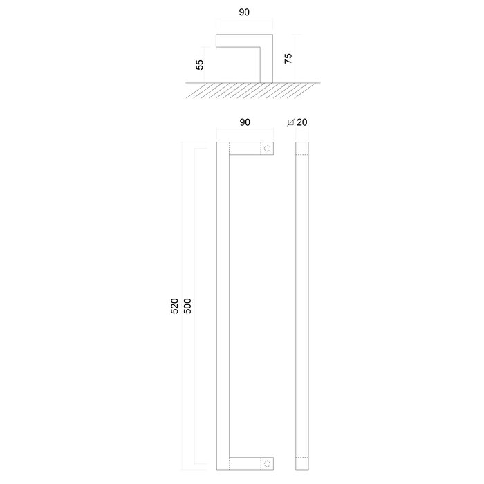HDD Deurgreep SQUARE D 20/500 -zwart - doorgaande bevestiging