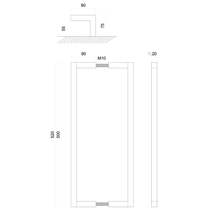 HDD Türgriff SQUARE D 20/500 - schwarz - Paar für Türstärke >30 mm