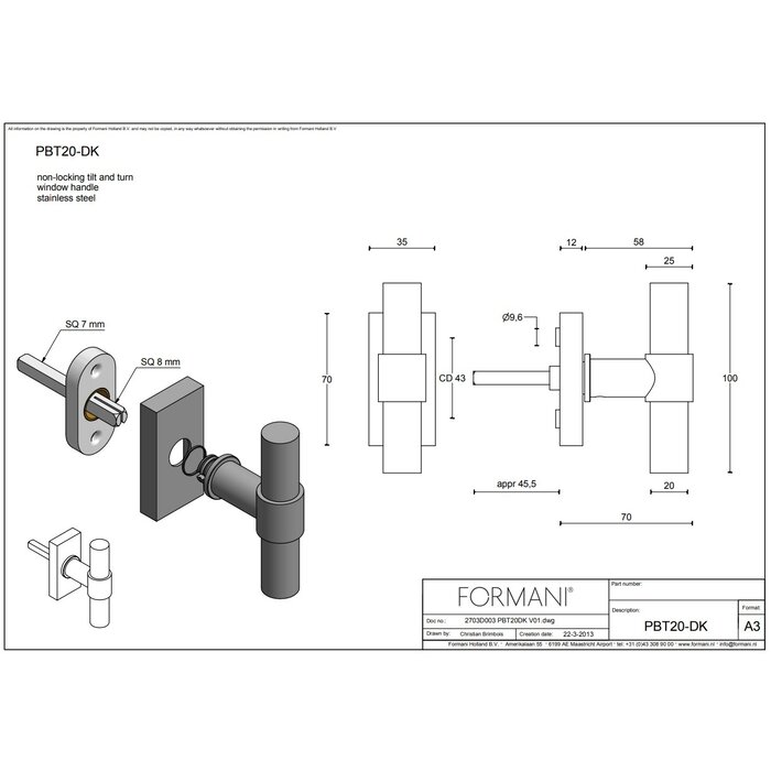 Formani Poignée de fenêtre Piet Boon ONE PBT20-DK Or mat PVD non verrouillable
